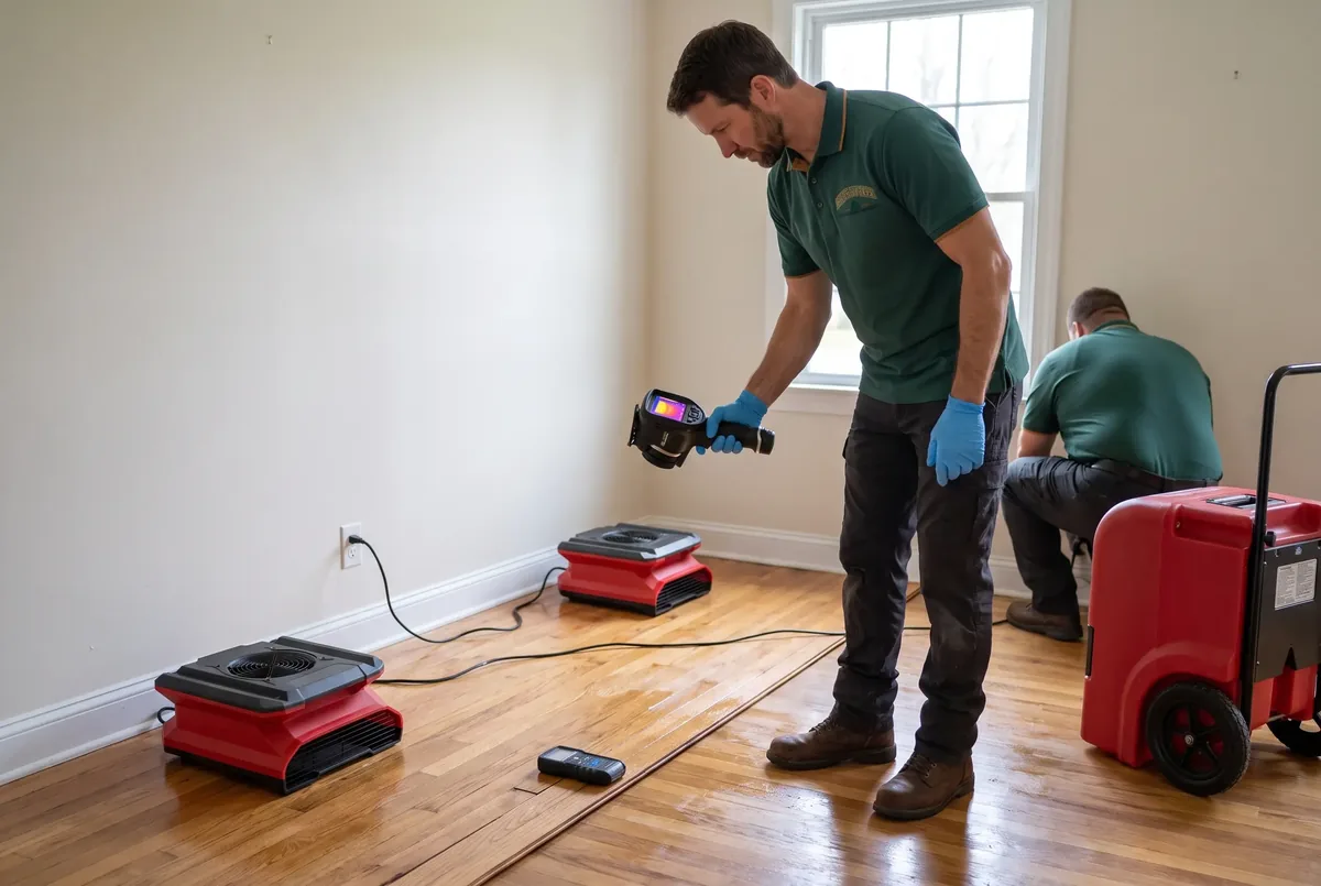 Technician scanning a corner with a thermal camera in a room with air movers running