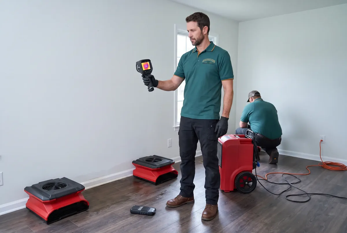 Technician holding a thermal camera in a room with air movers and a dehumidifier