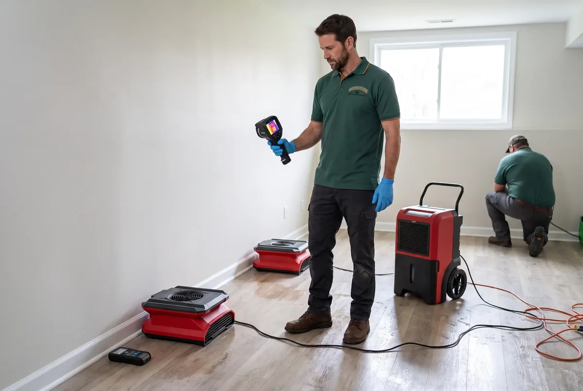 Technician scanning a wall with a thermal camera beside a dehumidifier